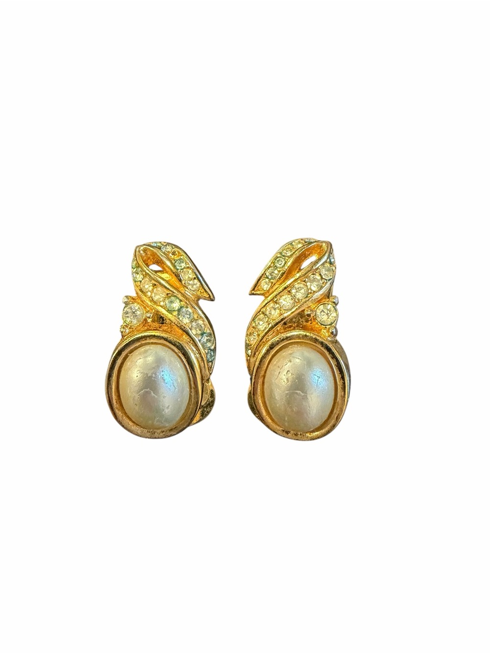 Vintage Christian Dior Faux Pearl Rhinestone Clip Earrings